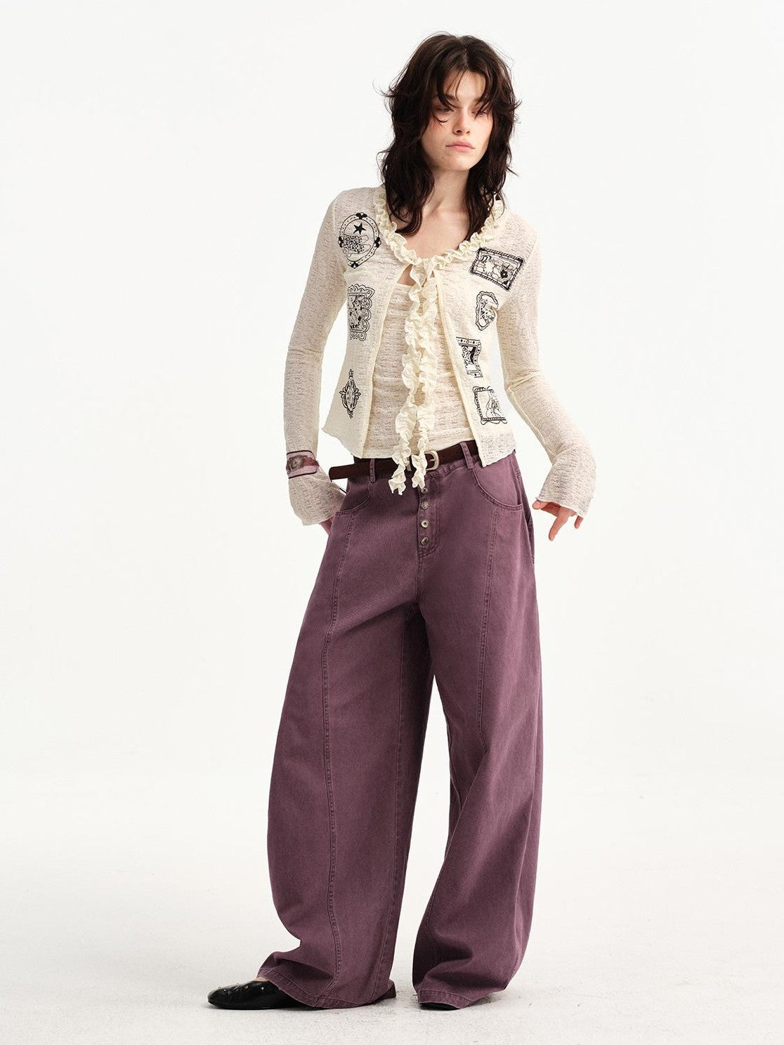 OuttheBlue Cat Frame Print Ruffle V-neck Long Sleeve Slim Women&