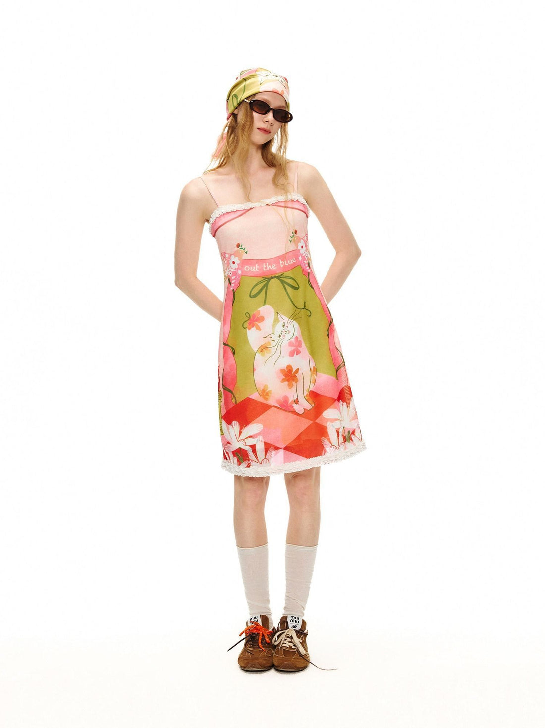 OuttheBlue Cat Garden Print Poly Spandex Slim Fit Sleeveless A Line Women Midi Dresses