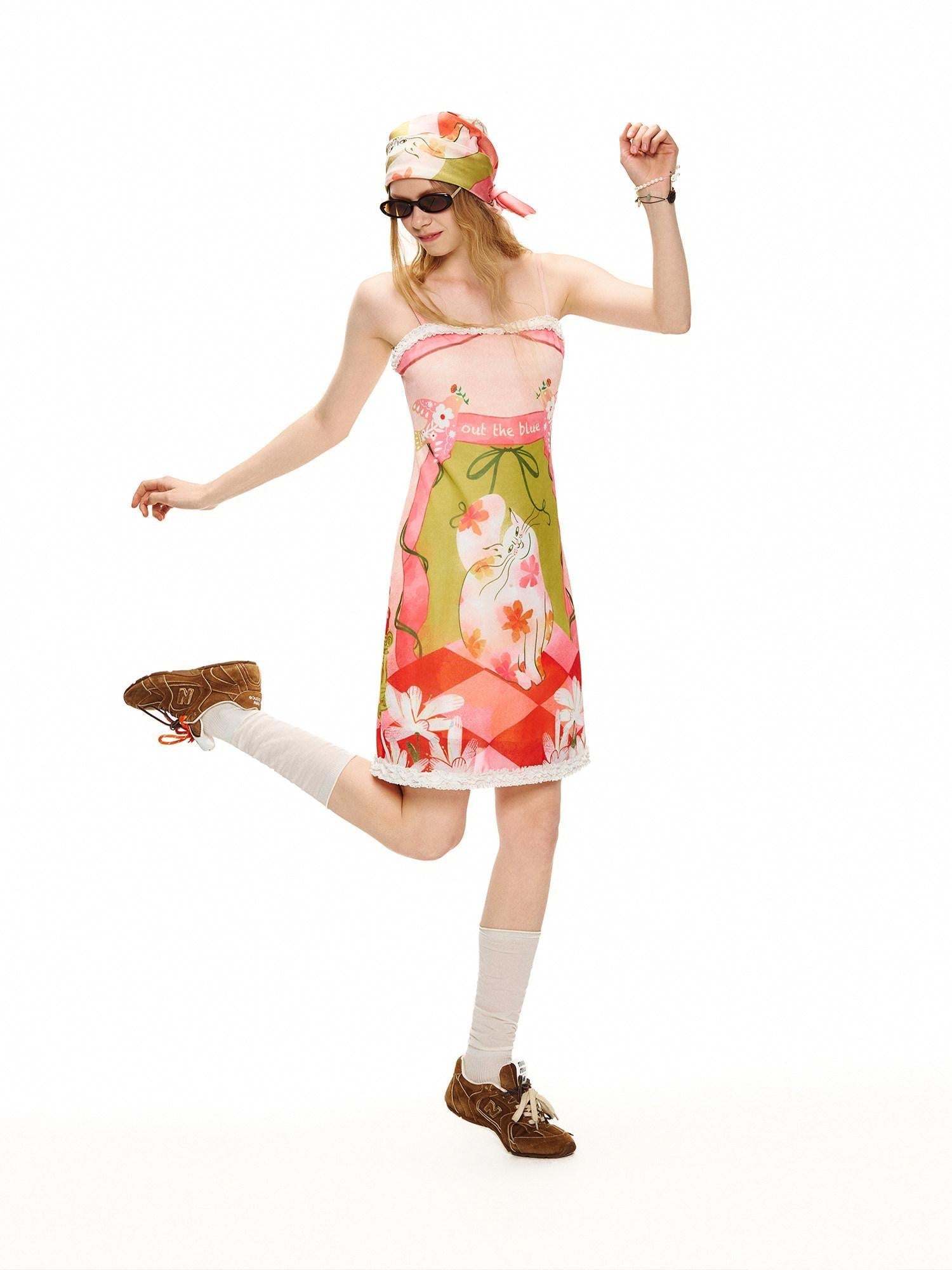 OuttheBlue Cat Garden Print Poly Spandex Slim Fit Sleeveless A Line Women Midi Dresses