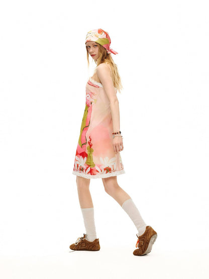 OuttheBlue Cat Garden Print Poly Spandex Slim Fit Sleeveless A Line Women Midi Dresses
