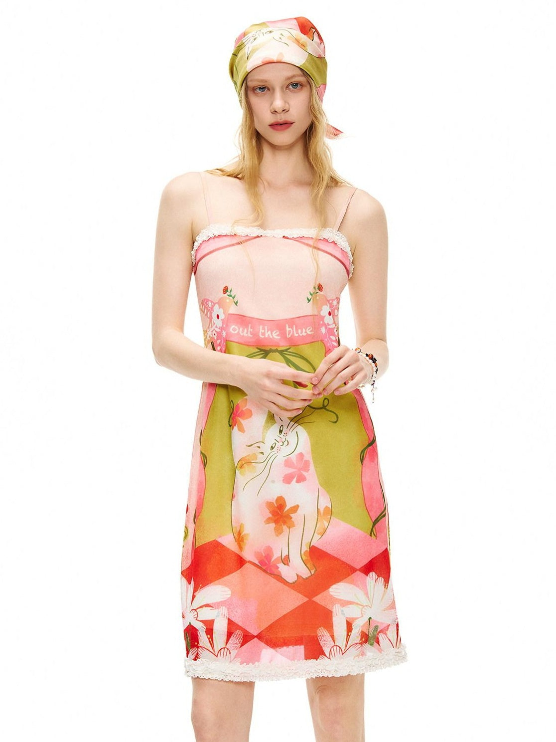 OuttheBlue Cat Garden Print Poly Spandex Slim Fit Sleeveless A Line Women Midi Dresses