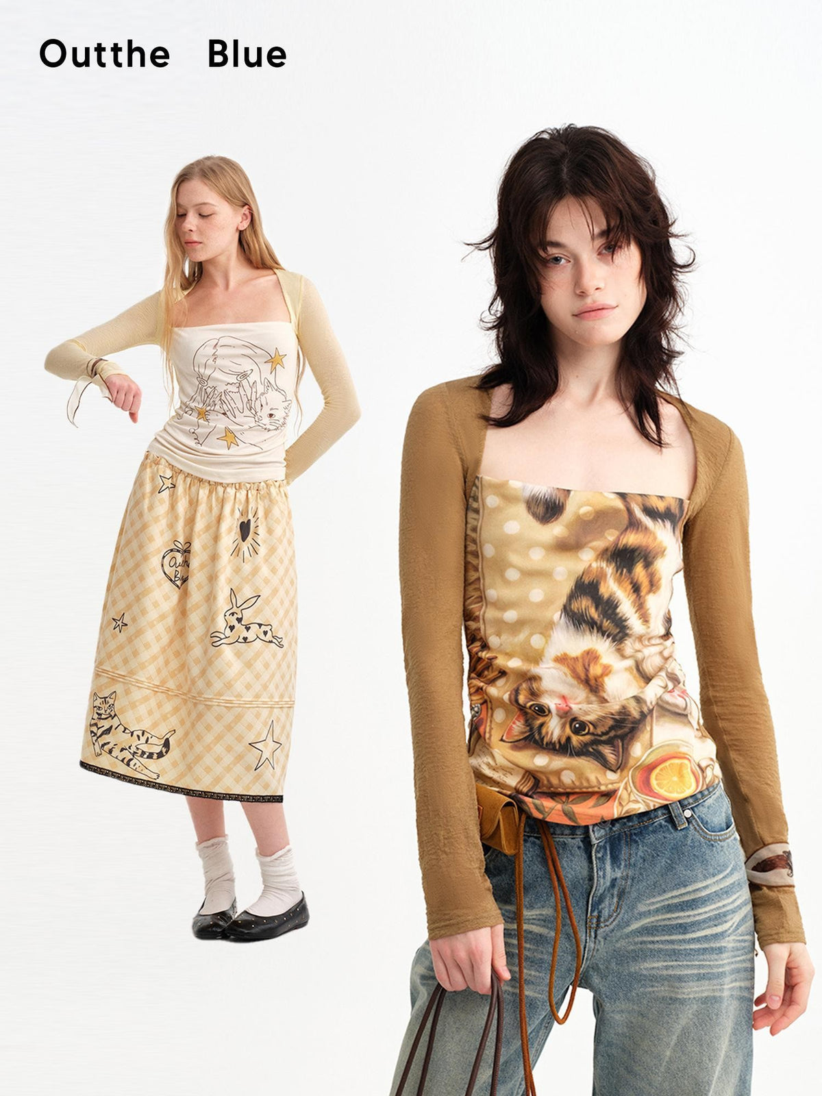 OuttheBlue Cat Oil Art Print Splice Fitted Square Neck Women&
