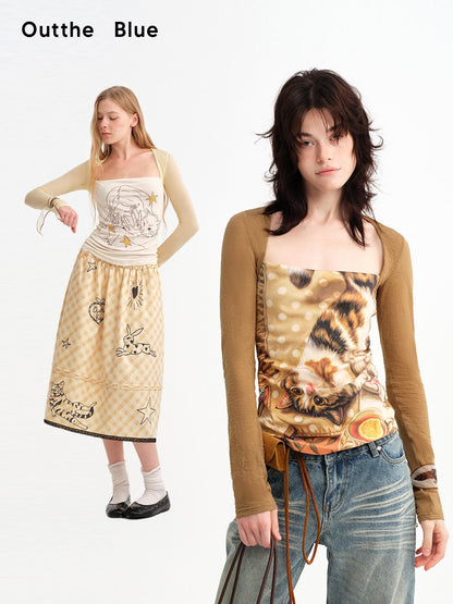 OuttheBlue Cat Oil Art Print Splice Fitted Square Neck Women&