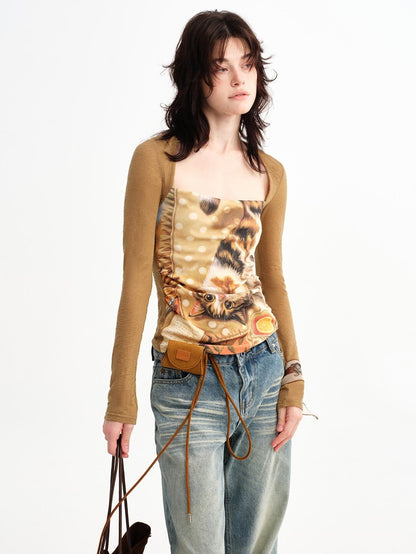 OuttheBlue Cat Oil Art Print Splice Fitted Square Neck Women&