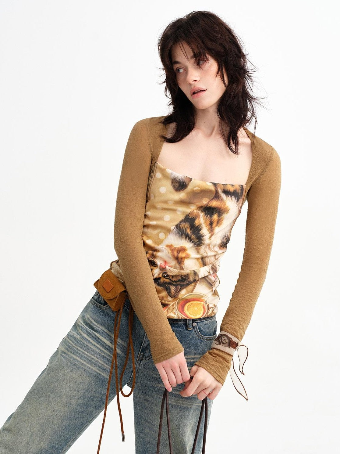 OuttheBlue Cat Oil Art Print Splice Fitted Square Neck Women&