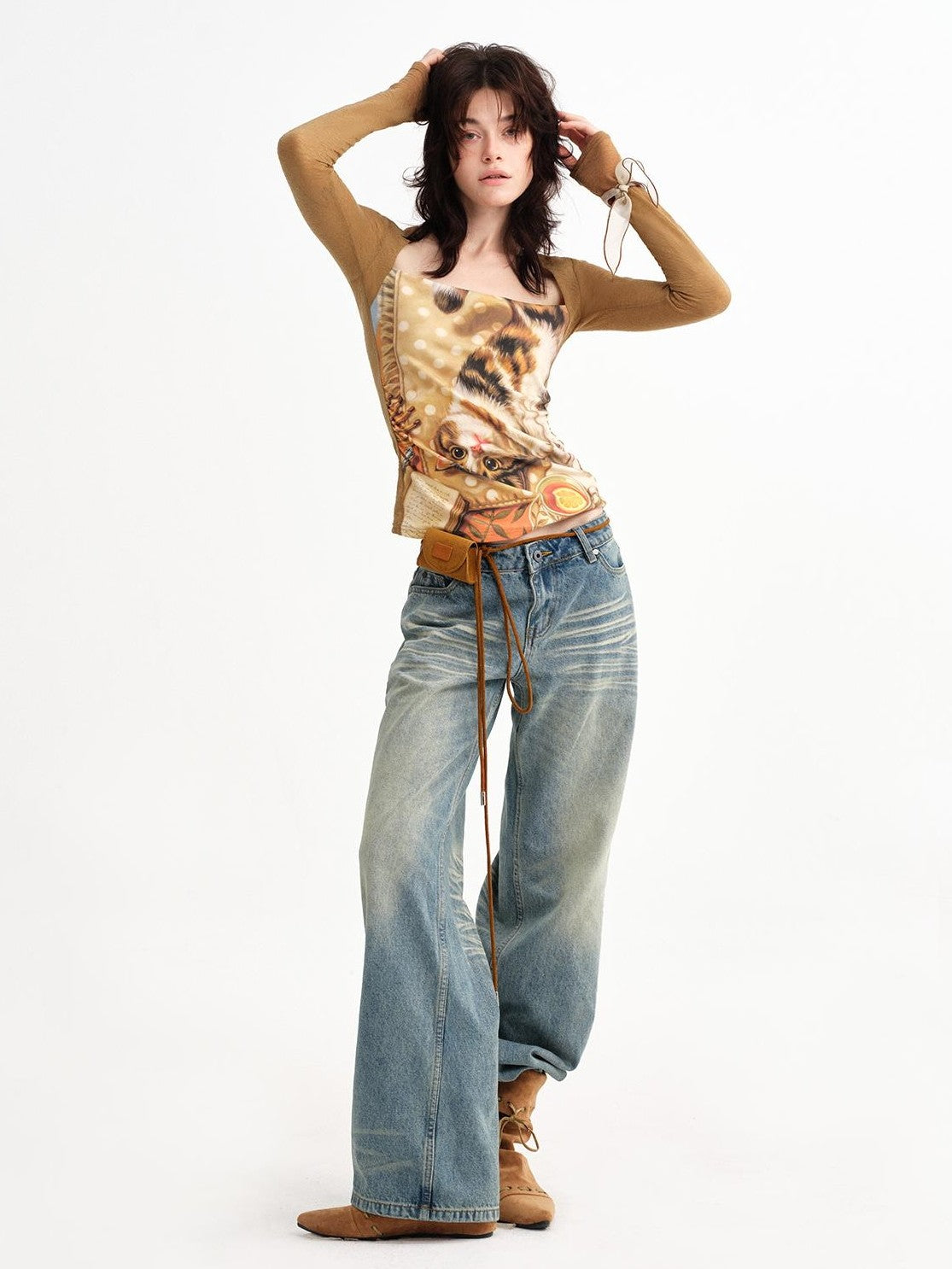 OuttheBlue Cat Oil Art Print Splice Fitted Square Neck Women&