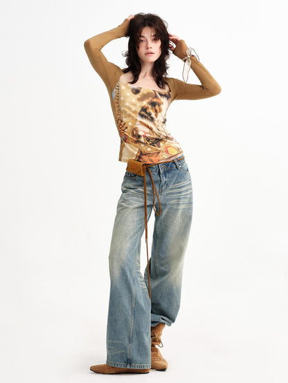 OuttheBlue Cat Oil Art Print Splice Fitted Square Neck Women&