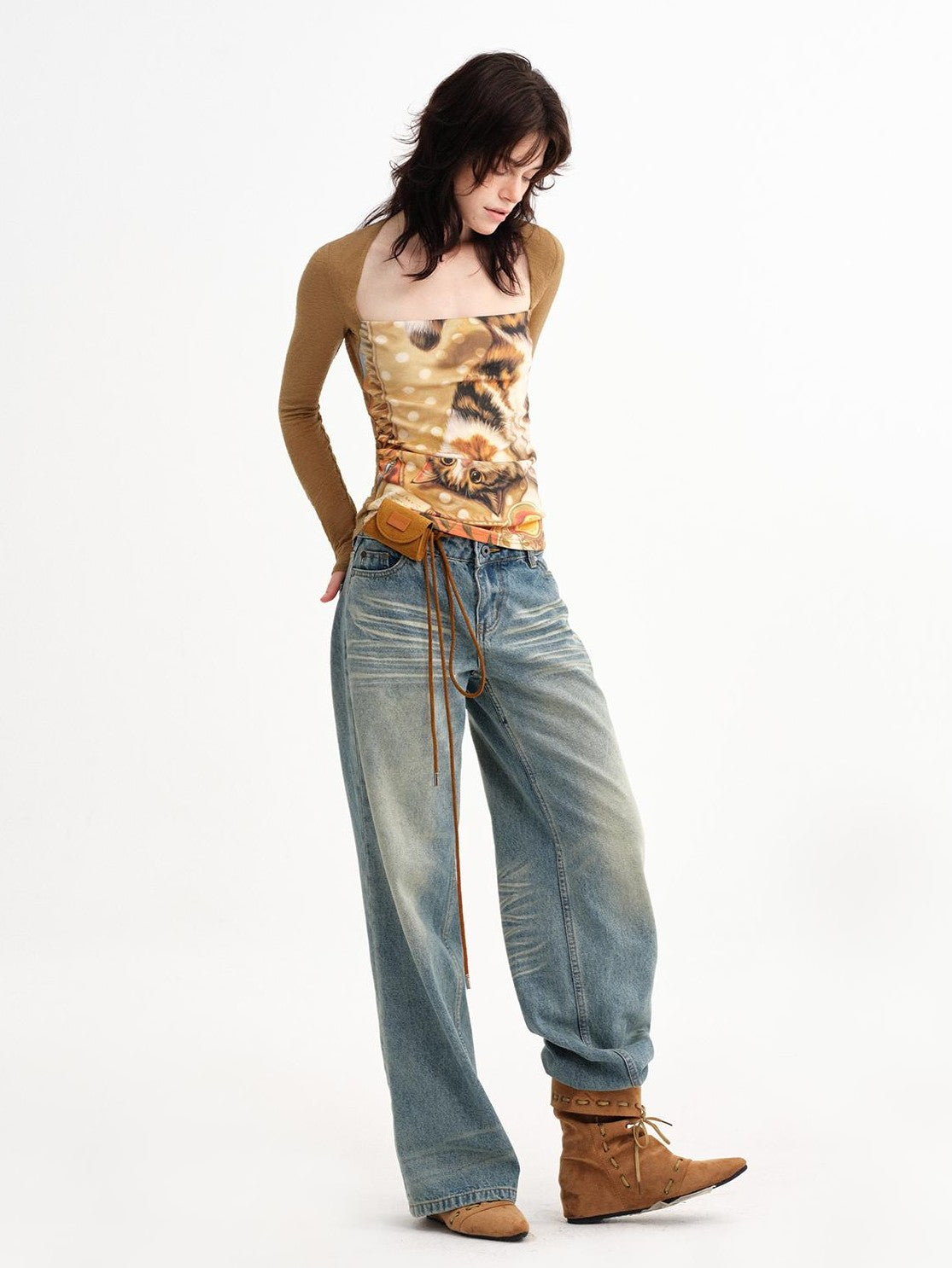 OuttheBlue Cat Oil Art Print Splice Fitted Square Neck Women&