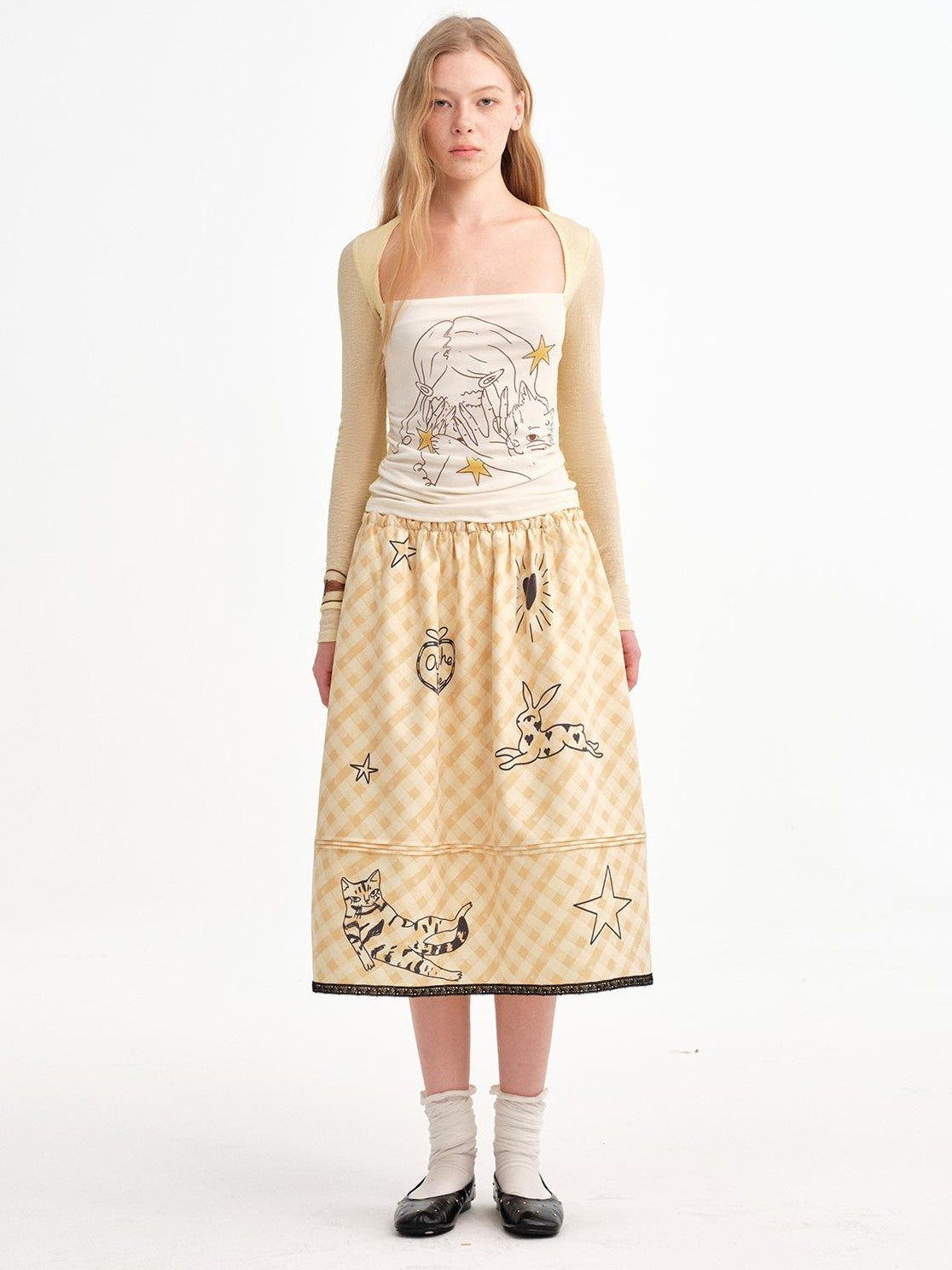 OuttheBlue Cat Oil Art Print Splice Fitted Square Neck Women&