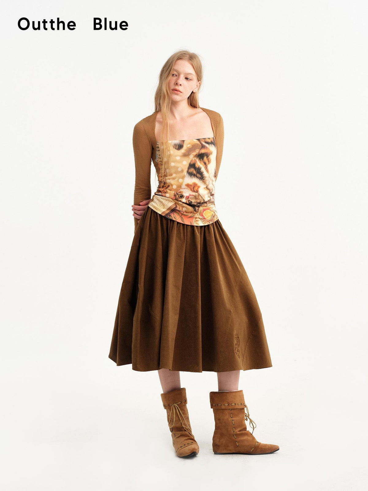 OuttheBlue Cat Oil Art Print Splice Fitted Square Neck Women&