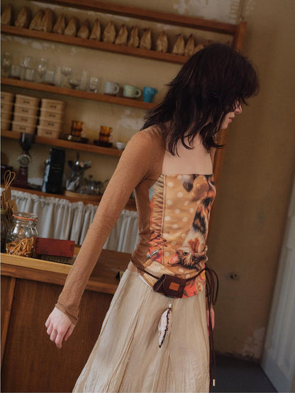 OuttheBlue Cat Oil Art Print Splice Fitted Square Neck Women&