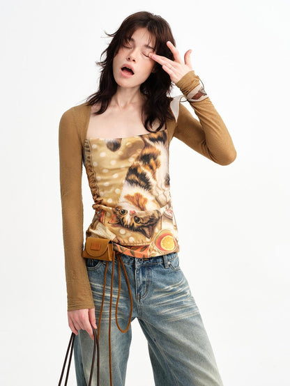 OuttheBlue Cat Oil Art Print Splice Fitted Square Neck Women&