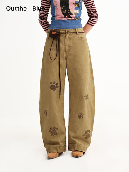 OuttheBlue Cat Paw Rhinestone Washed Vintage Wide Leg Women&