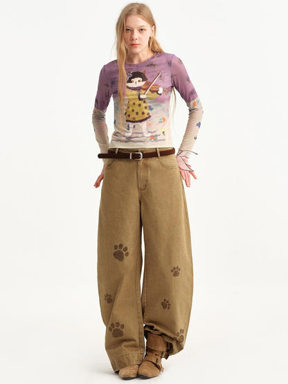 OuttheBlue Cat Paw Rhinestone Washed Vintage Wide Leg Women&