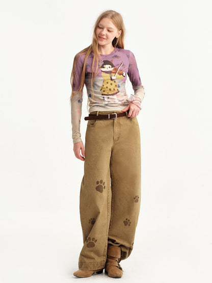 OuttheBlue Cat Paw Rhinestone Washed Vintage Wide Leg Women&