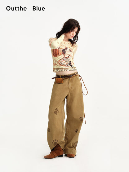 OuttheBlue Cat Paw Rhinestone Washed Vintage Wide Leg Women&