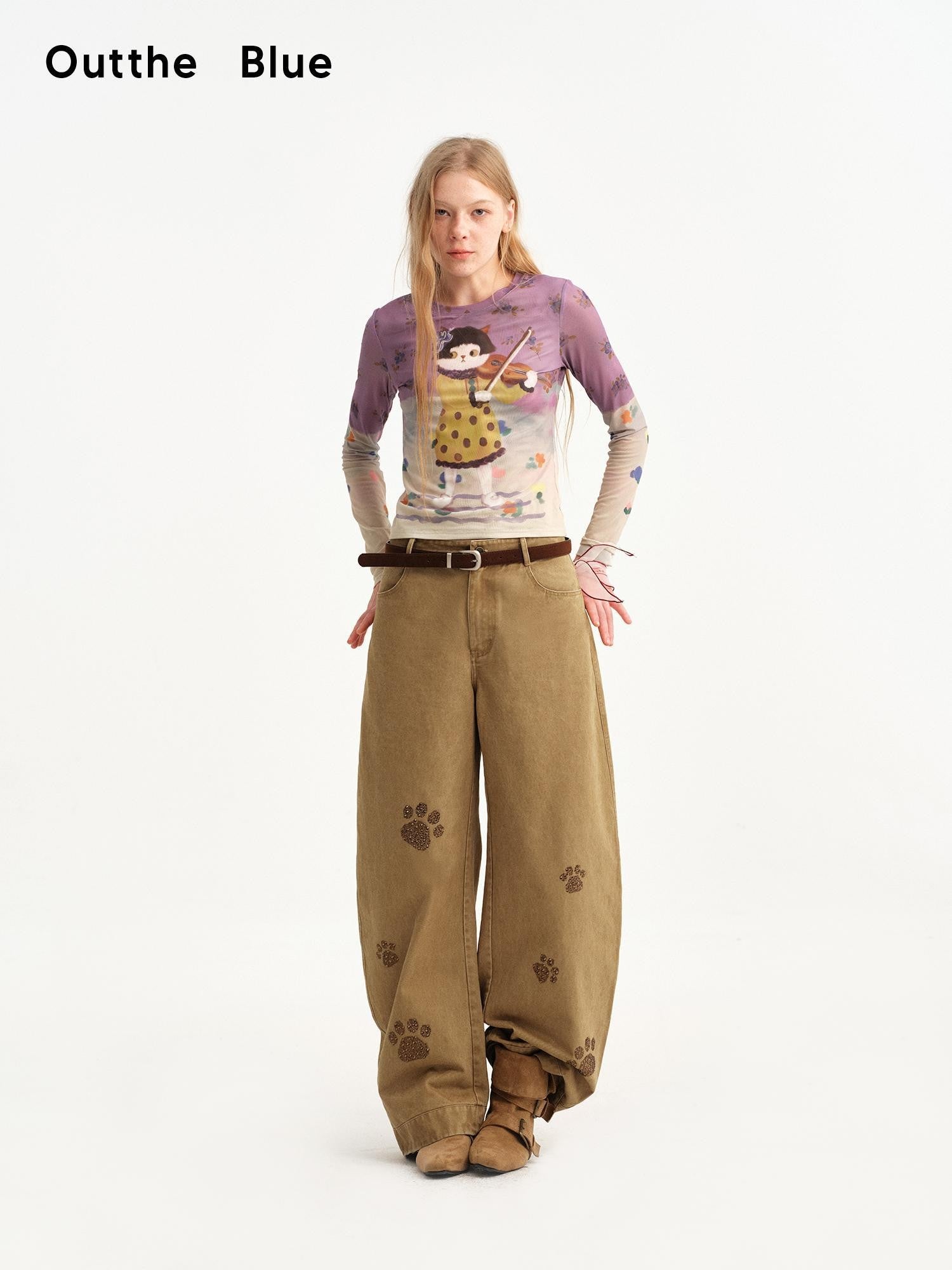 OuttheBlue Cat Paw Rhinestone Washed Vintage Wide Leg Women&