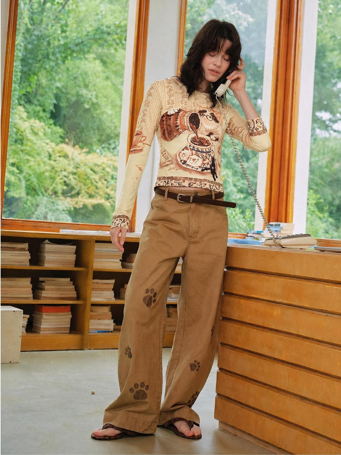 OuttheBlue Cat Paw Rhinestone Washed Vintage Wide Leg Women&