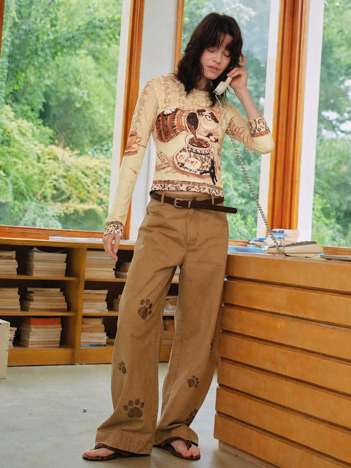 OuttheBlue Cat Paw Rhinestone Washed Vintage Wide Leg Women&