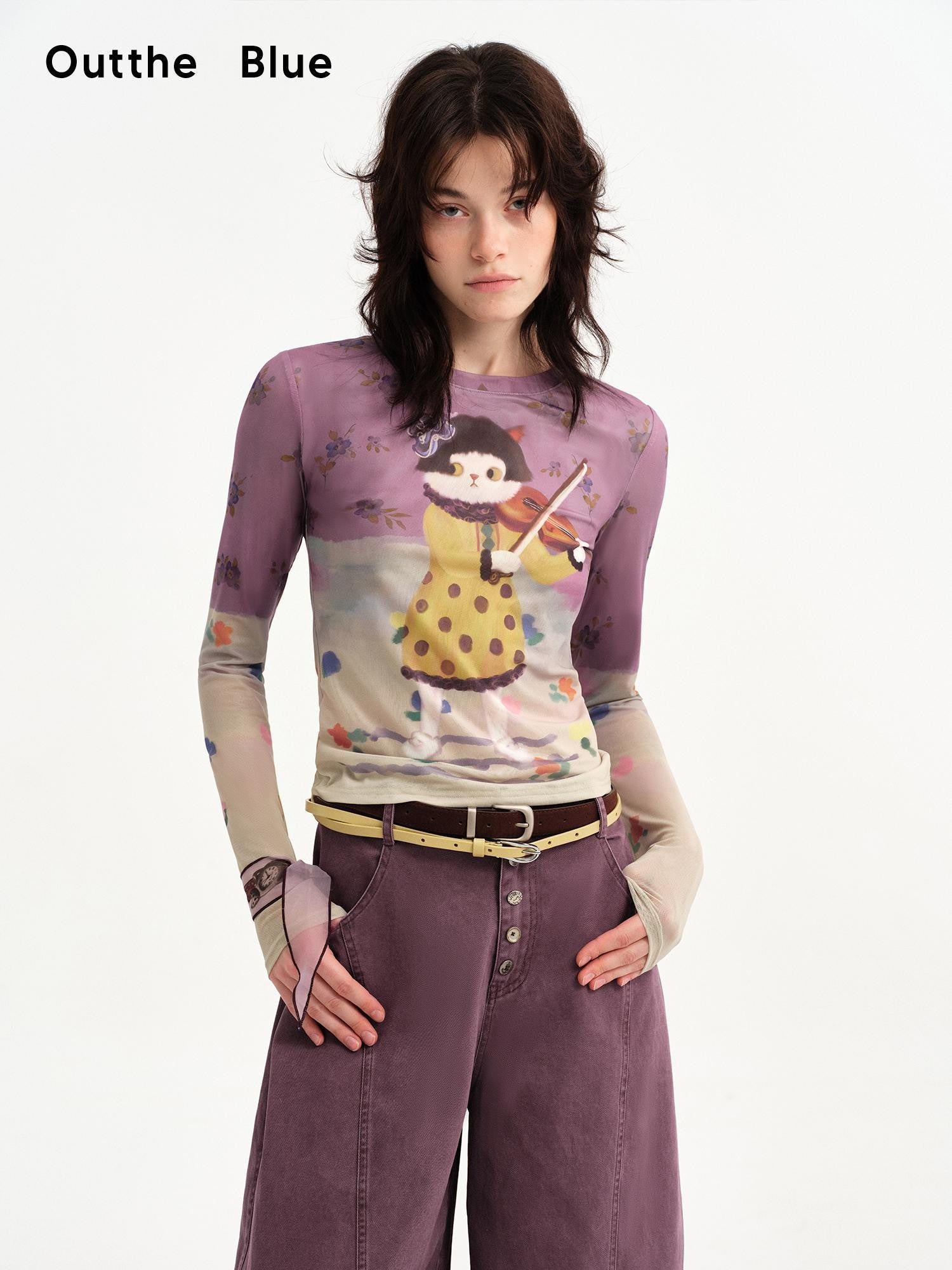 OuttheBlue Cat Playing Print Round Neck Slim Fit Women&
