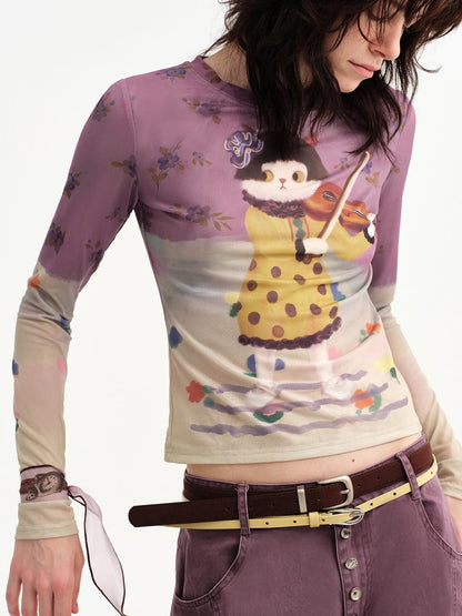 OuttheBlue Cat Playing Print Round Neck Slim Fit Women&