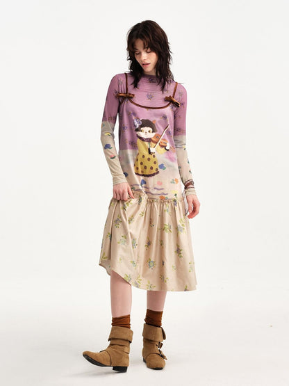 OuttheBlue Cat Playing Print Round Neck Slim Fit Women&