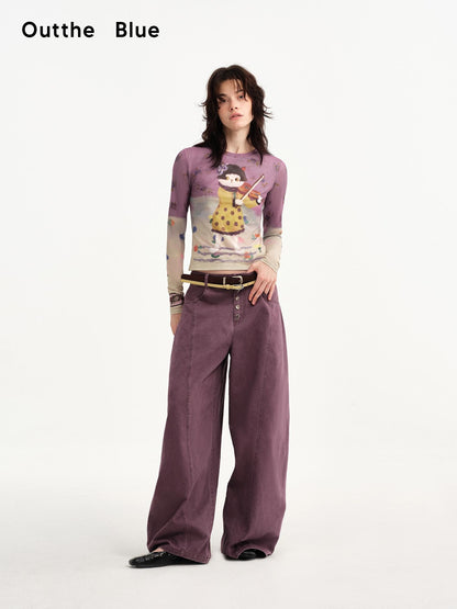 OuttheBlue Cat Playing Print Round Neck Slim Fit Women&