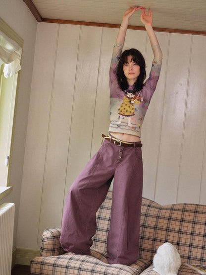 OuttheBlue Cat Playing Print Round Neck Slim Fit Women&