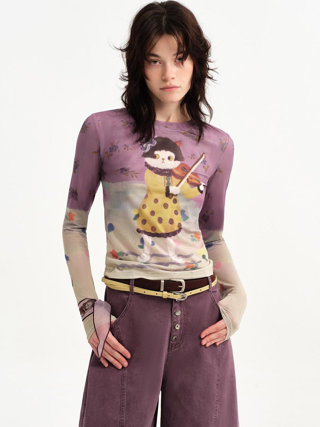 OuttheBlue Cat Playing Print Round Neck Slim Fit Women&