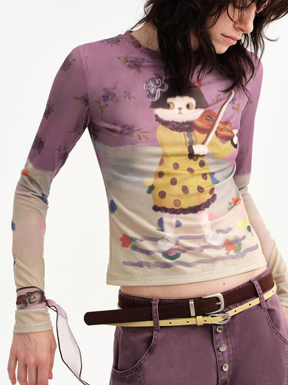 OuttheBlue Cat Pocket Watch Print Organza Vintage Women&