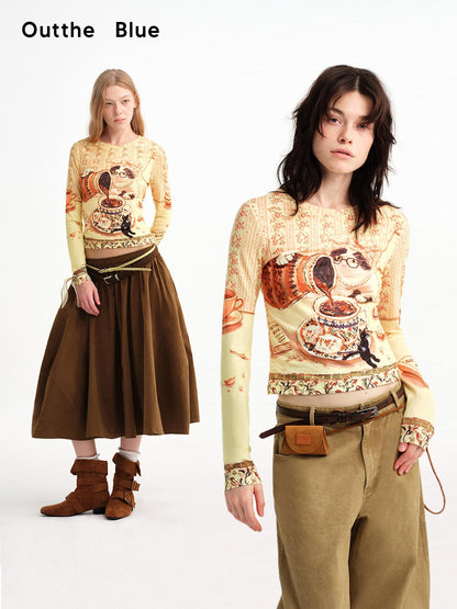 OuttheBlue Cat Print Double Layer Cropped Slim Women&