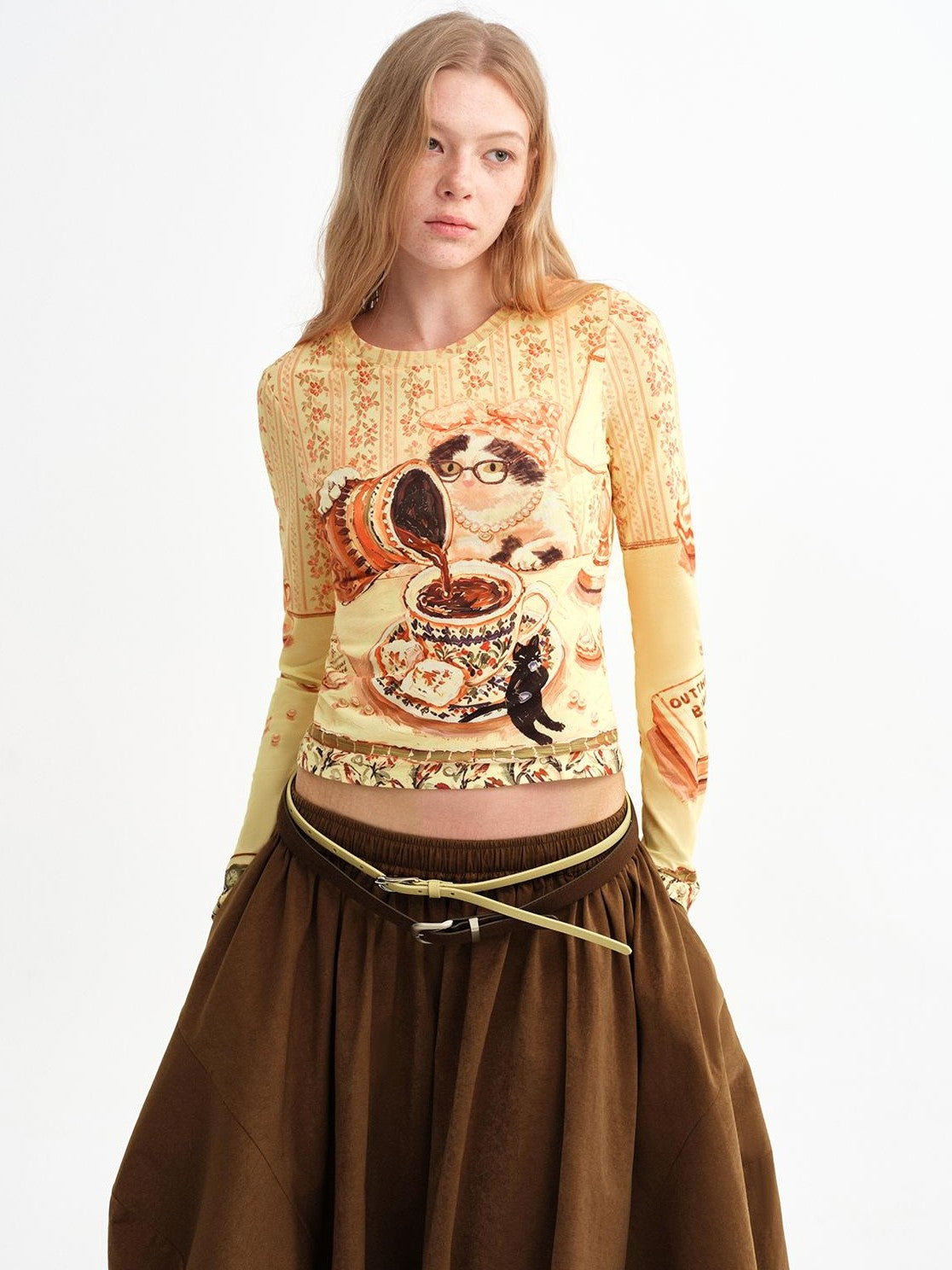 OuttheBlue Cat Print Double Layer Cropped Slim Women&