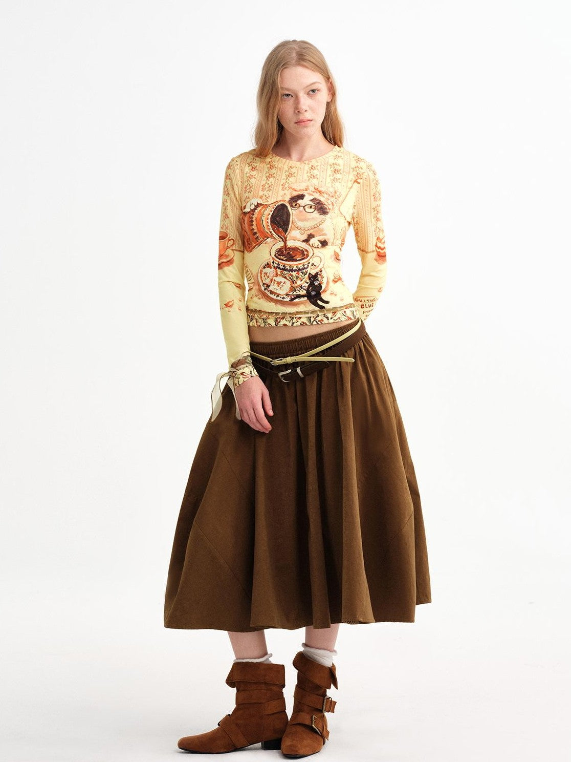 OuttheBlue Cat Print Double Layer Cropped Slim Women&