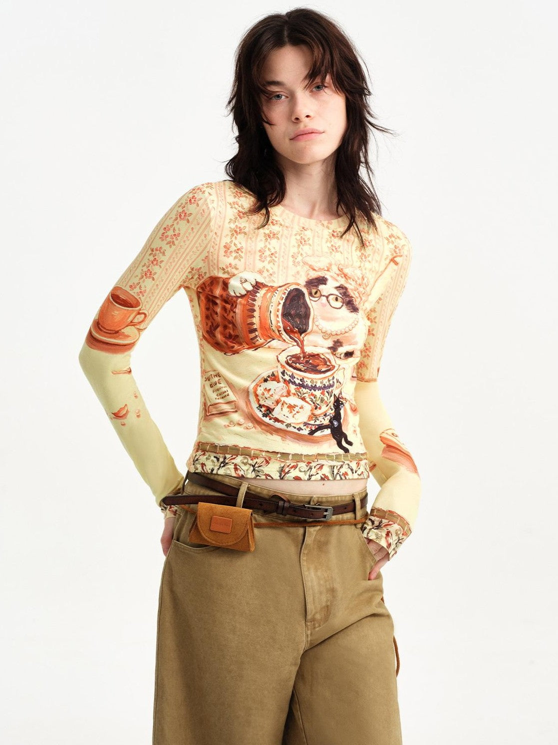 OuttheBlue Cat Print Double Layer Cropped Slim Women&