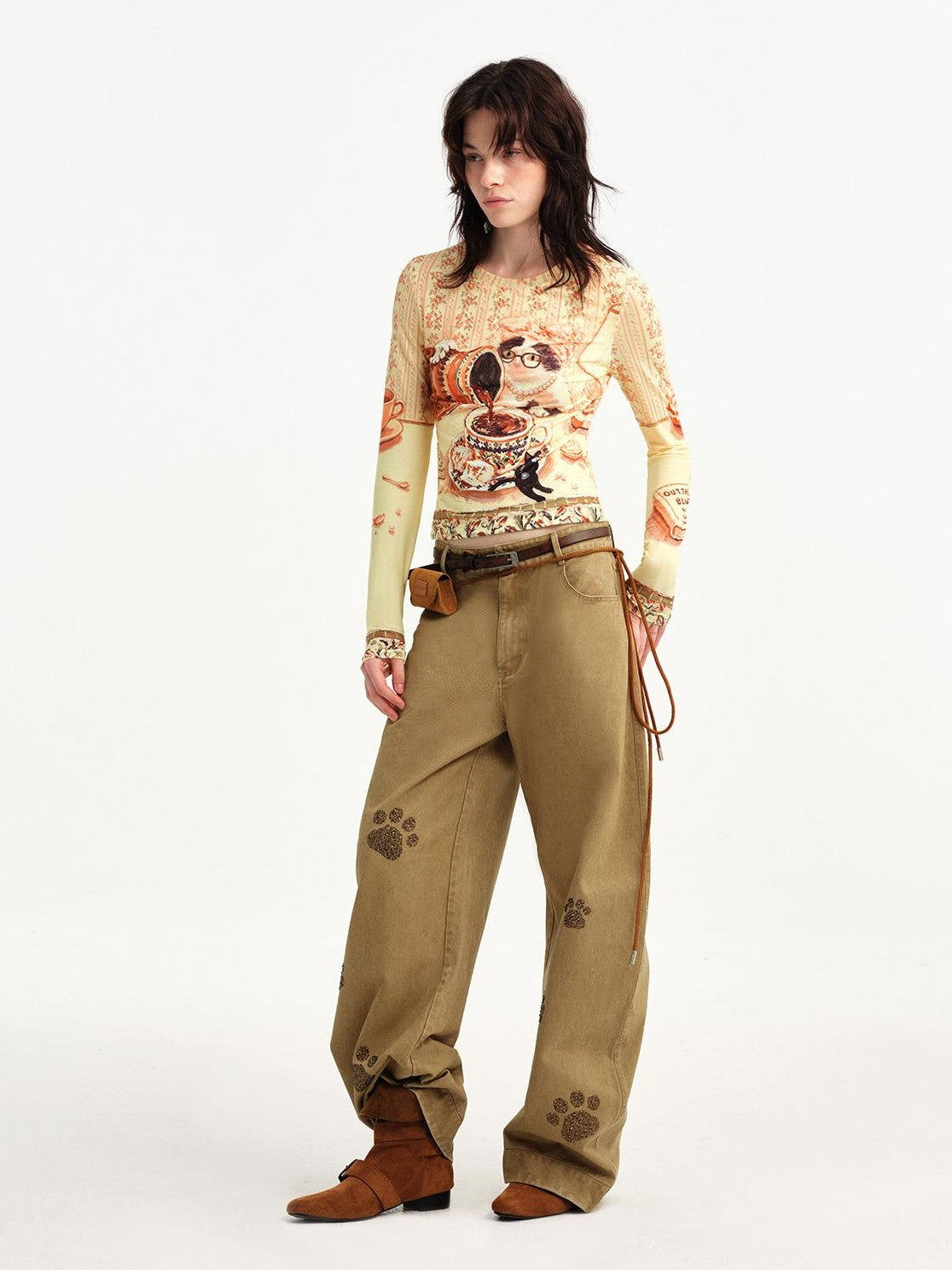 OuttheBlue Cat Print Double Layer Cropped Slim Women&