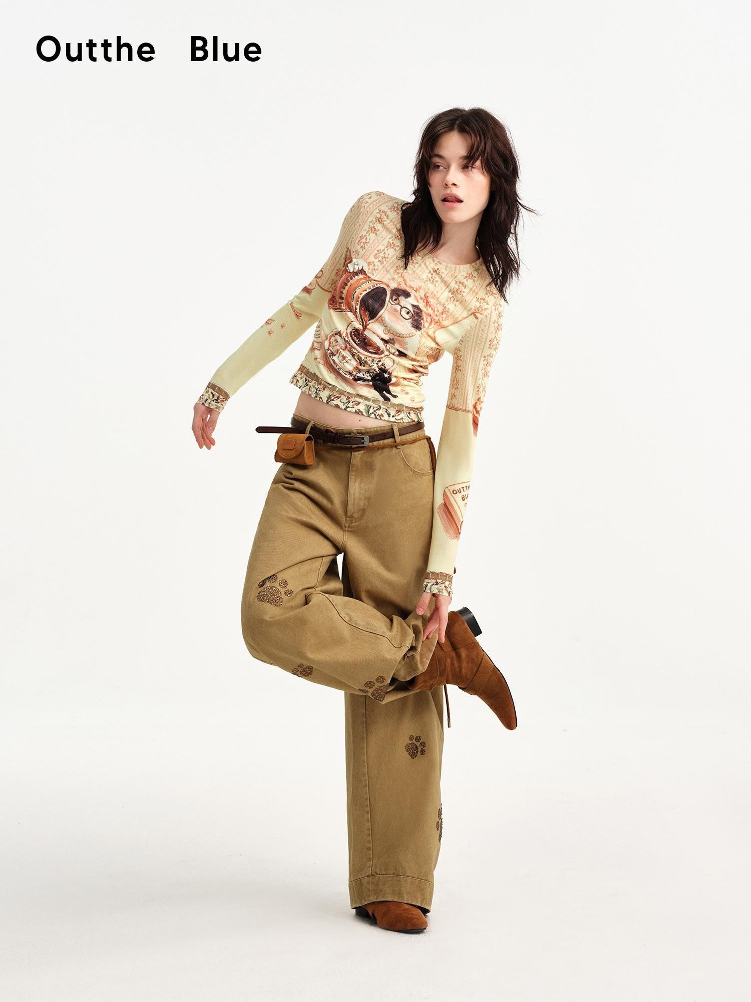 OuttheBlue Cat Print Double Layer Cropped Slim Women&
