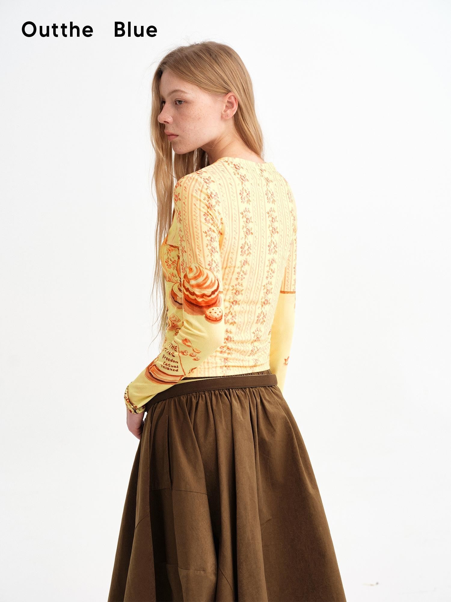 OuttheBlue Cat Print Double Layer Cropped Slim Women&
