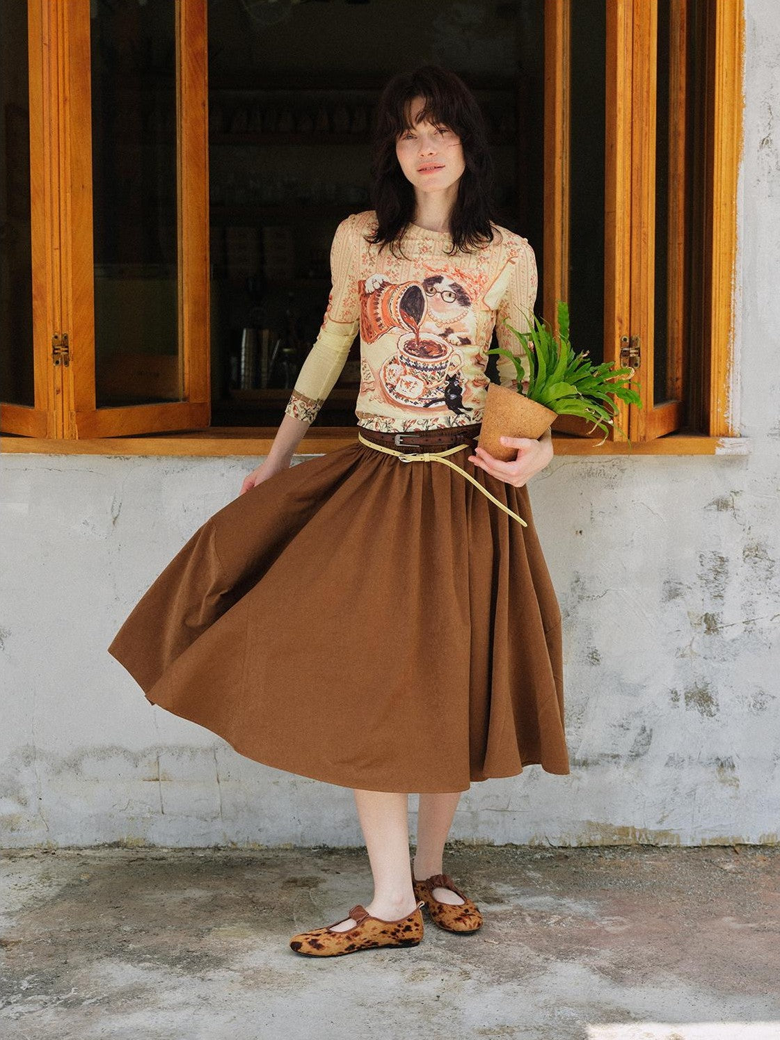 OuttheBlue Cat Print Double Layer Cropped Slim Women&