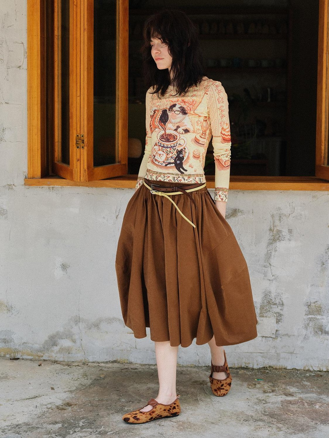 OuttheBlue Cat Print Double Layer Cropped Slim Women&