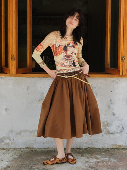 OuttheBlue Cat Print Double Layer Cropped Slim Women&