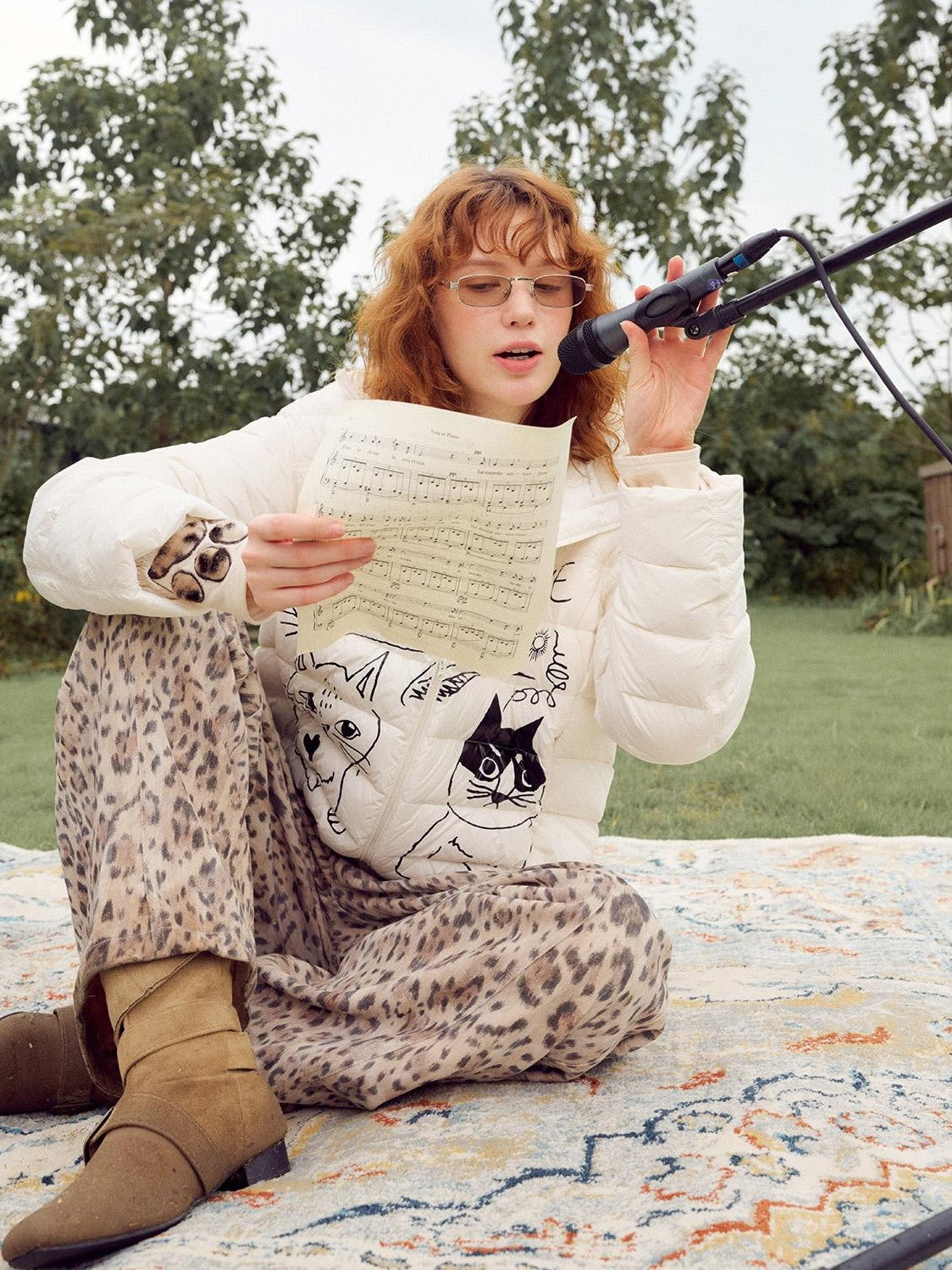 OuttheBlue Cat Print Loose Short Women&