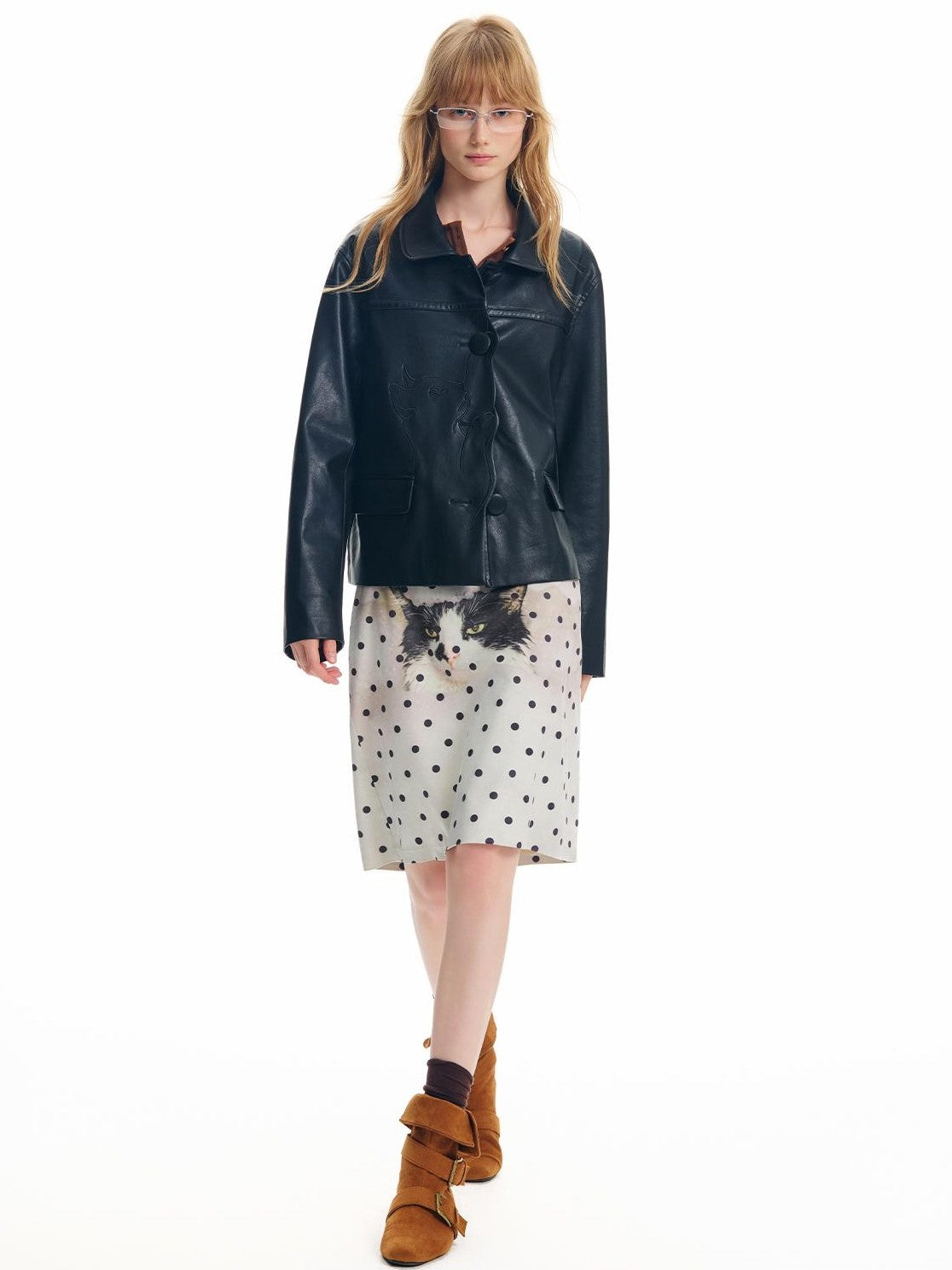OuttheBlue Cat Print Polka Dot Faux Suede A Line Women&