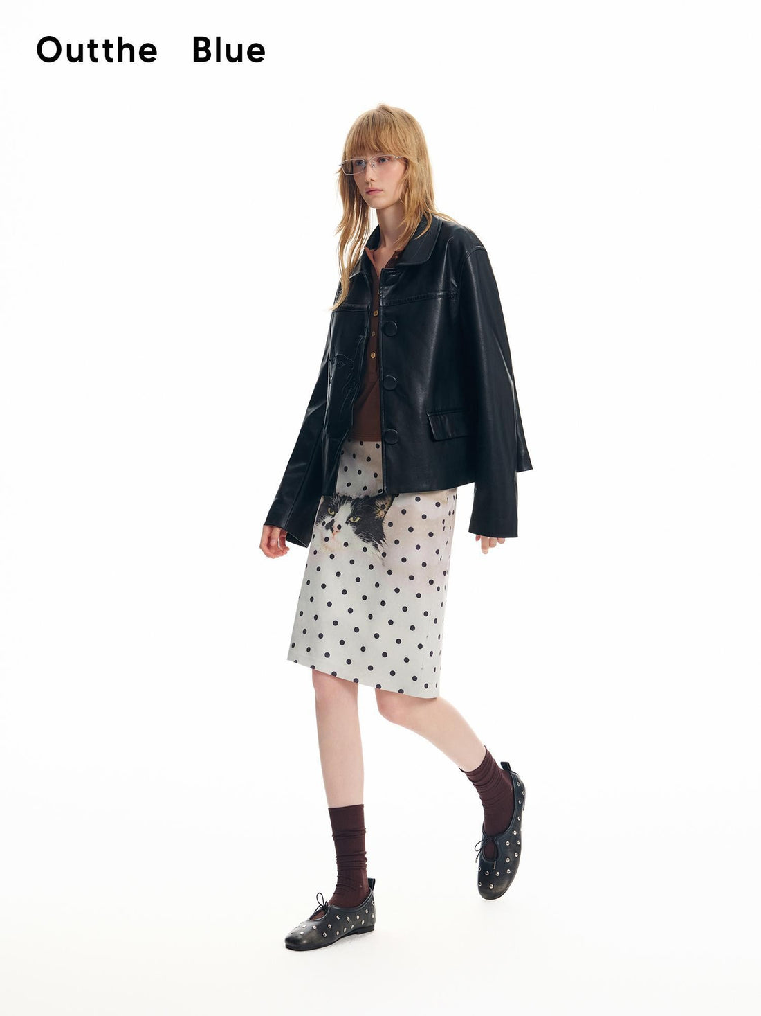 OuttheBlue Cat Print Polka Dot Faux Suede A Line Women&
