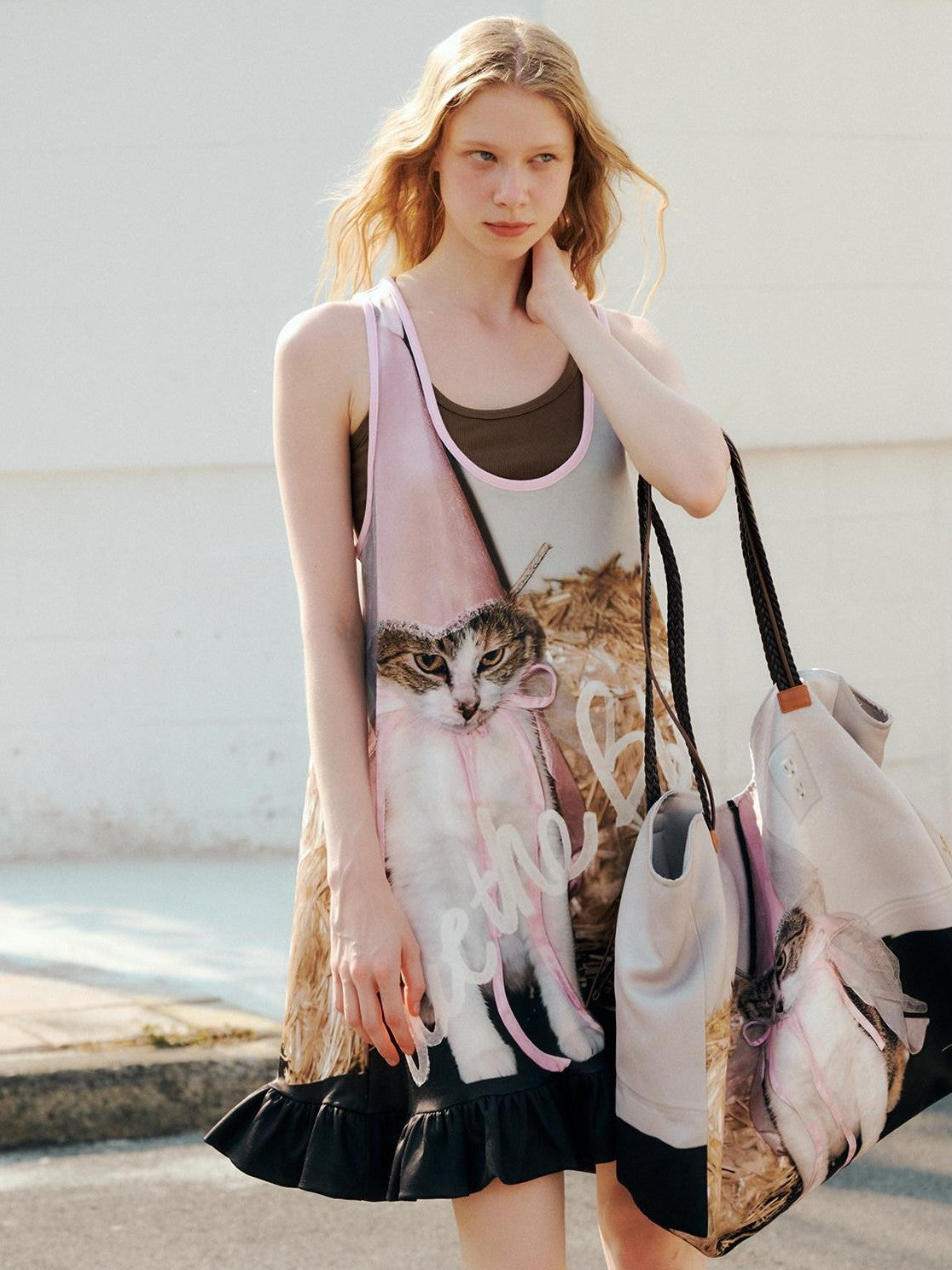 OuttheBlue Cat Print Ruffle A Line Women&