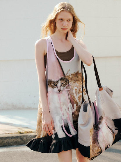 OuttheBlue Cat Print Ruffle A Line Women&