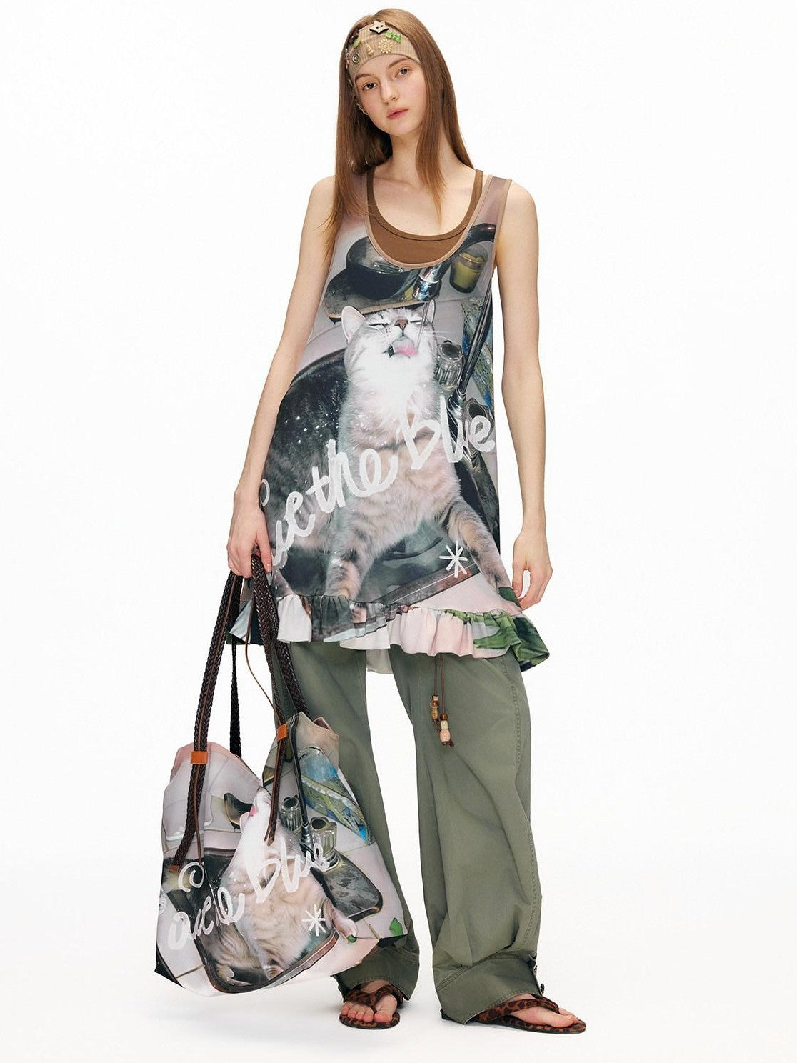 OuttheBlue Cat Print Ruffle A Line Women&