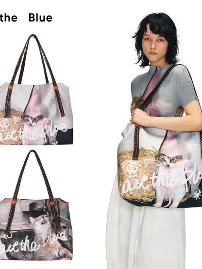 OuttheBlue Cat Print Ruffle A Line Women&
