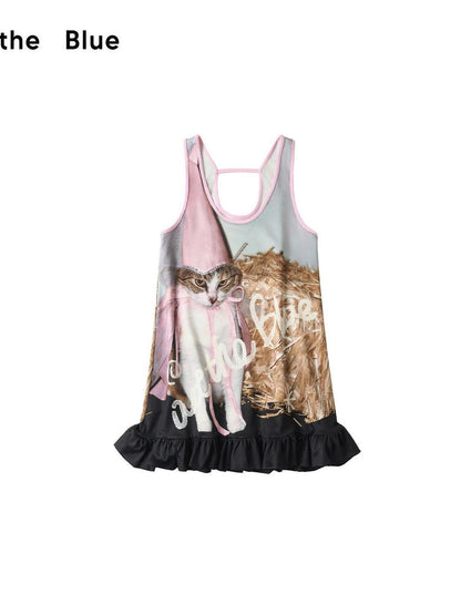 OuttheBlue Cat Print Ruffle A Line Women&