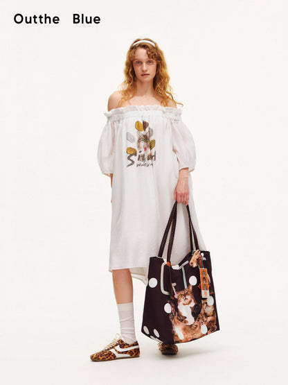 OuttheBlue Cat Print Ruffle Bardot Puff Sleeve A Line Women&