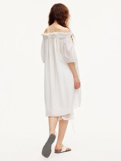 OuttheBlue Cat Print Ruffle Bardot Puff Sleeve A Line Women&